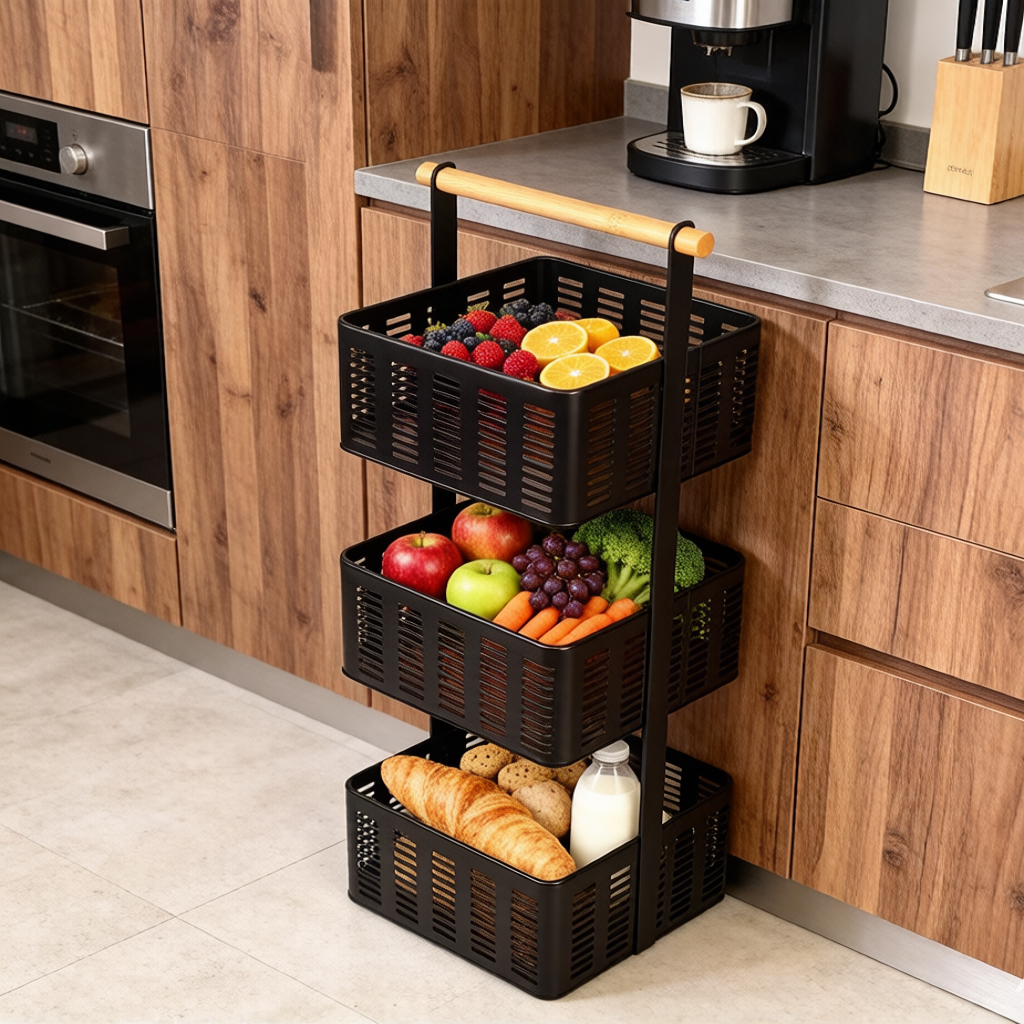 3-Tier Metal Basket Stand with Bamboo Hand