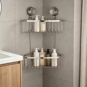 Bathroom Double Layer Corner Shelf Iron Wire with Suction Cup Hooks Wall Mounted Storage Rack