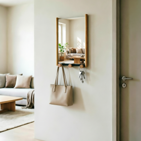 Wall Mounted Wooden Mirror with Hooks, Entryway & Bathroom Organizer