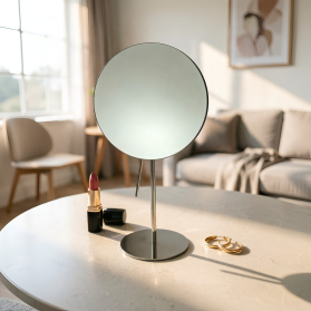 Round Swivel Table Mirror with Handle, Polished Chrome Finish, Metal Base