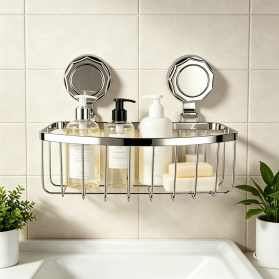 Iron Wire Electroplated Bathroom Straight Basket Shelf with Suction Cup Hooks
