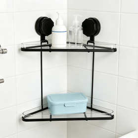 Iron Wire Acrylic 2-Tier Corner Shelf with Suction Cup Hook, Wall Mounted Bathroom Organizer