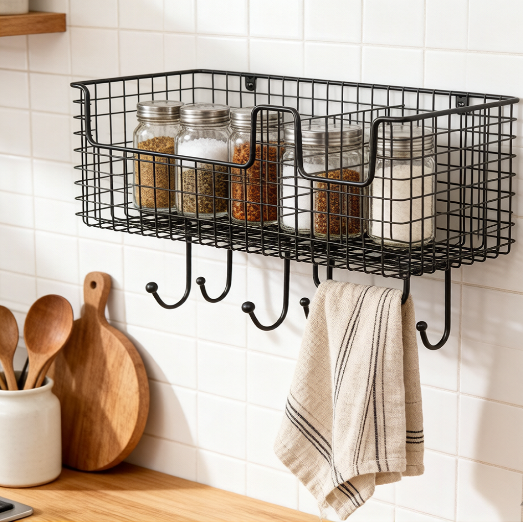 Divided Wall Mount Basket with Hooks