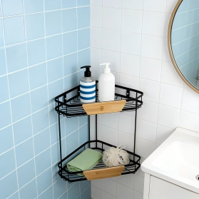 2-Tier Bathroom Corner Shelf with Adhesive, Bamboo Accent, No-Drill Wall Rack