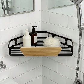 No-Drill Corner Shower Caddy with Bamboo Accent, Adhesive Wall Mounted Bathroom Shelf