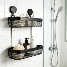 2-Tier Bathroom Mesh Storage Rack Powder Coated with Suction Cup Hooks