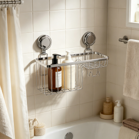 Suction Cup Bathroom Rack, Iron Wire Shower Caddy with Hooks, Drill-Free Storage Shelf