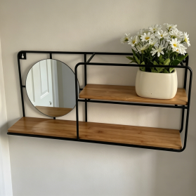 2-Tier Wall Mounted Shelf with Round Mirror, MDF & Metal Wire Storage Rack
