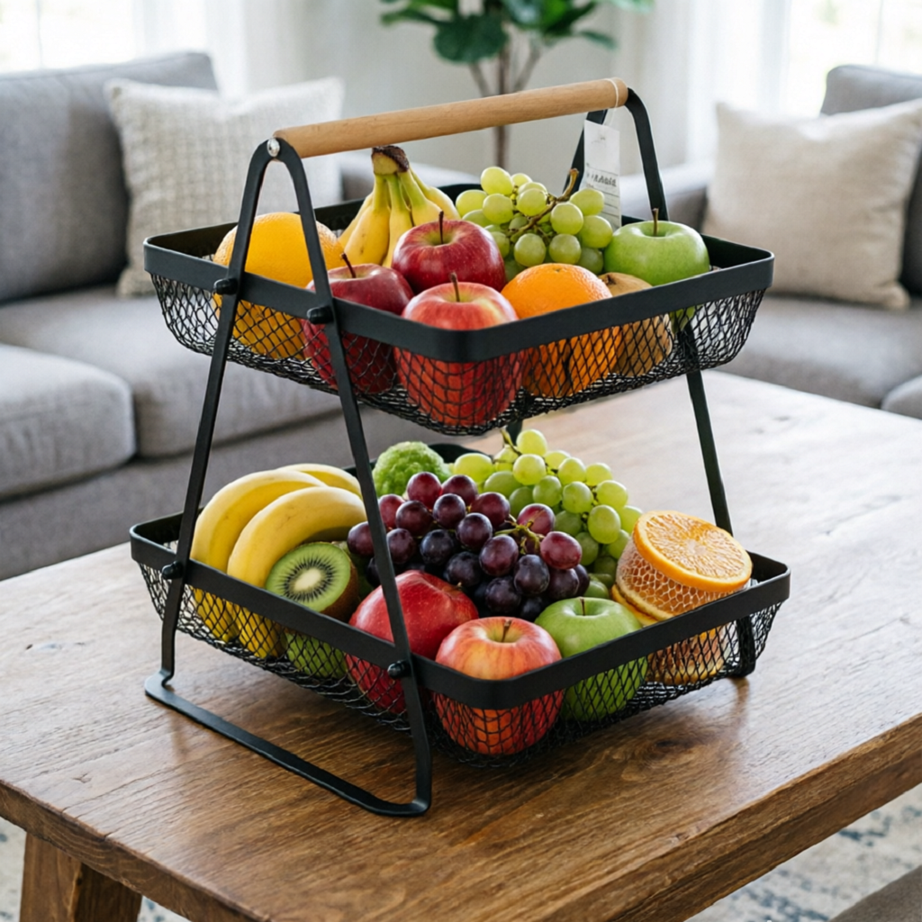 2-Tier Mesh Storage Basket with Bamboo Handle