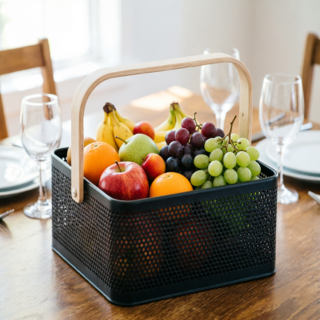 Metal Basket with Bentwood Handle