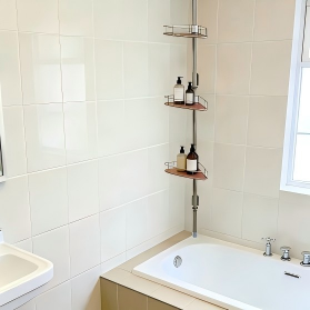 3 Tier Bathroom Corner Shelf Adjustable Tension Pole Storage Rack with Metal Basket