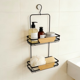 2-Tier Wire Bathroom Hanging Shelf with Bamboo Accent, Shower Caddy Organizer
