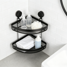 2-Tier Corner Bathroom Mesh Storage Rack Powder Coated with Suction Cup Hooks