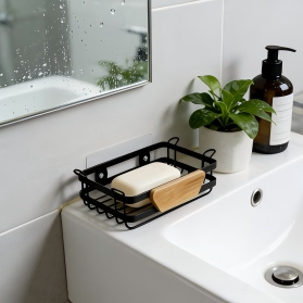 No-Drill Adhesive Shower Caddy Soap Dish with Bamboo Accent, Rustproof Wire Basket