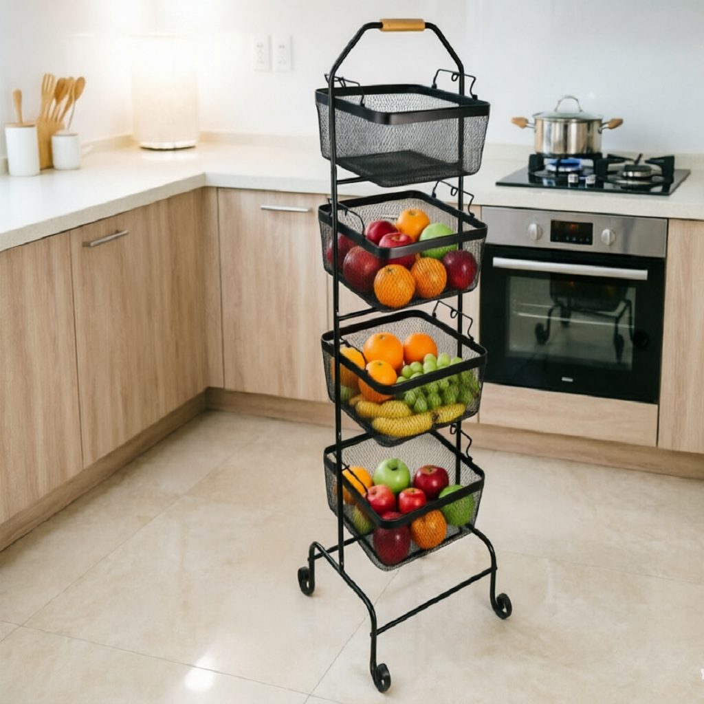 4-Tier Metal Rolling Storage Cart with Bamboo Handle