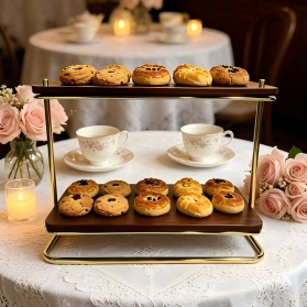 2-Tier Gold Plated Metal & Wood Serving Tray for Desserts