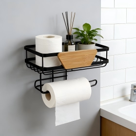 No-Drill Adhesive Toilet Paper Holder with Bamboo Accent & Storage Shelf
