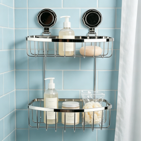 Bathroom Double Layer Straight Basket Storage Rack Iron Wire with Suction Cup Hooks