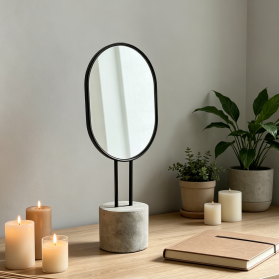 Adjustable Oval Table Mirror with Black Metal Frame & Marble Base