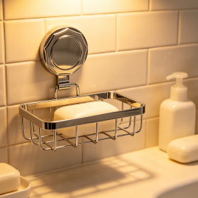 Chrome Plated Iron Wire Bathroom Soap Dish Holder with Suction Cup Hook, Rustproof Wall Mounted Soap Tray