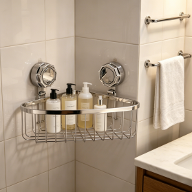 Bathroom Corner Rack Iron Wire Plated with Suction Cup Hooks Shower Storage Organizer