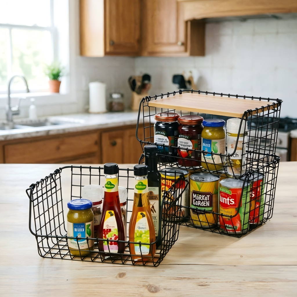 Stackable Wire Baskets with Wooden Tops