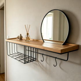 Wall Mounted Multi-function Storage Shelf with Round Mirror & Metal Wire Frame - MDF Board Organizer with Hooks