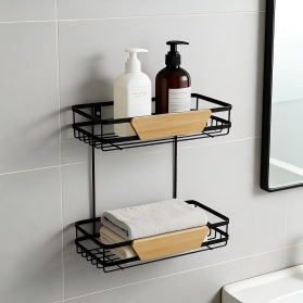 2-Tier Wire Bathroom Shelf with Adhesive Hooks & Bamboo Accent, No-Drill Wall Mounted Organizer