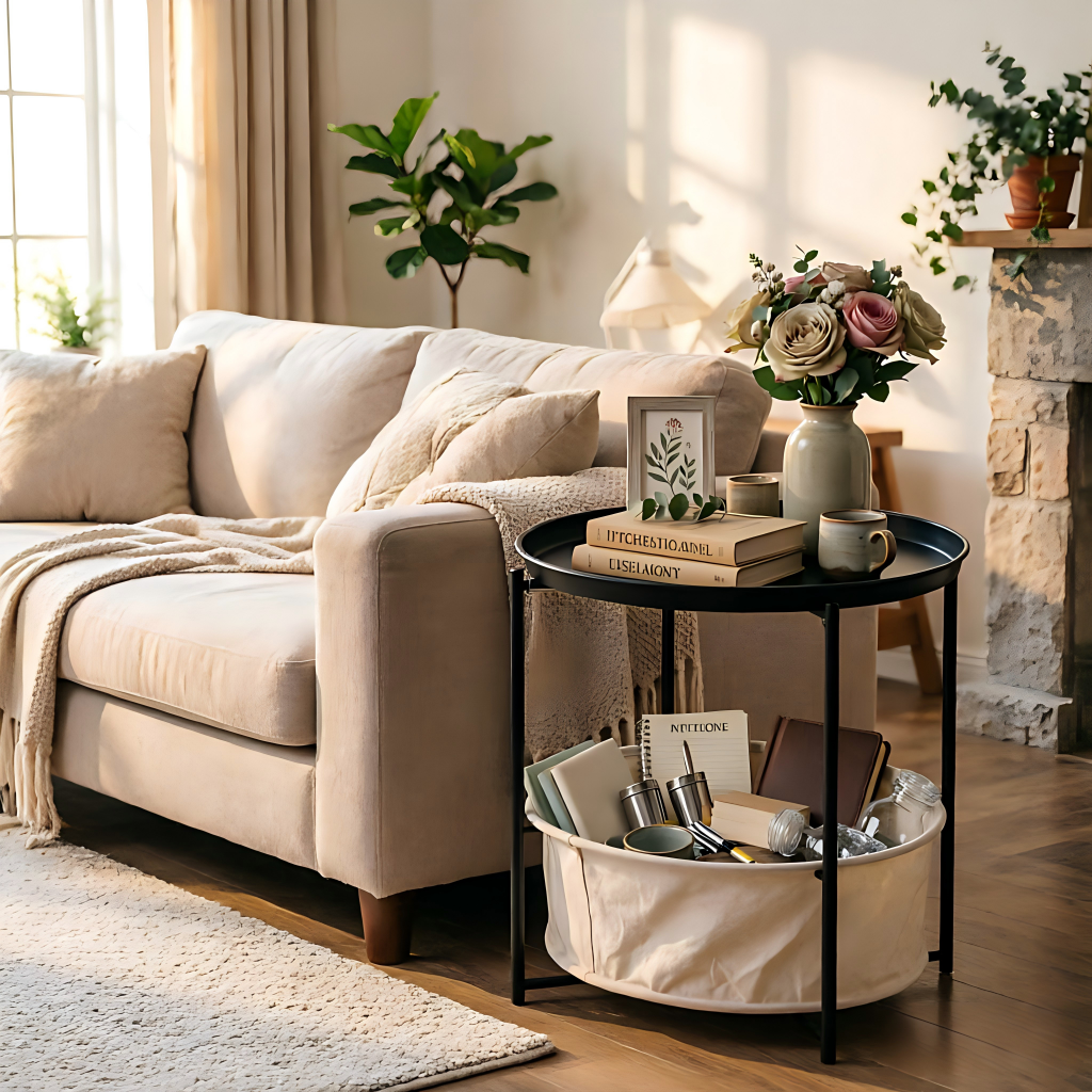 Round Side Table with Soft Basket