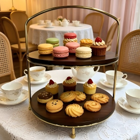 2-Tier Wooden & Gold Plated Metal Pastry Display Rack