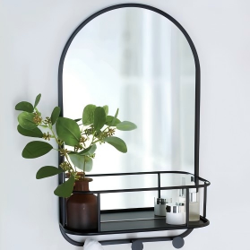 Mirror with storage shelf and hooks